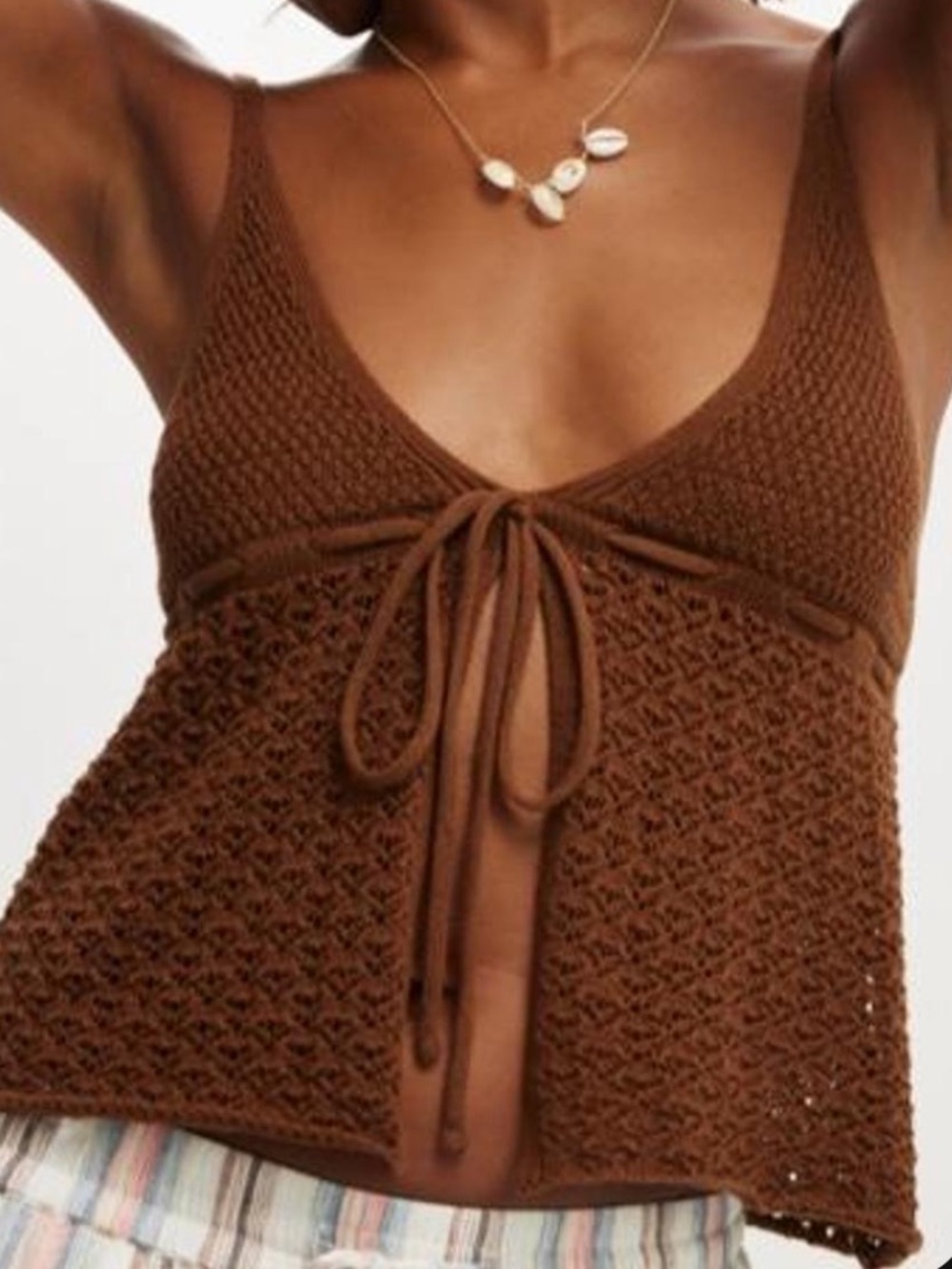 Y2K/retro Boho-Chic / Crochet knit Cotton On Brown Tie Up Cami